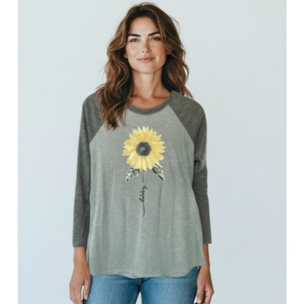 Truself Sunflower Happy Baseball Tee Green Inspirational Long Sleeve Size L NWT